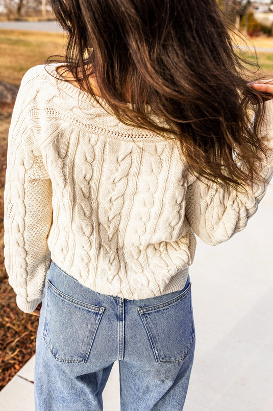 DLLS1146 - Ladies Beige Drop Shoulder Round Neck Cable Knit Sweater