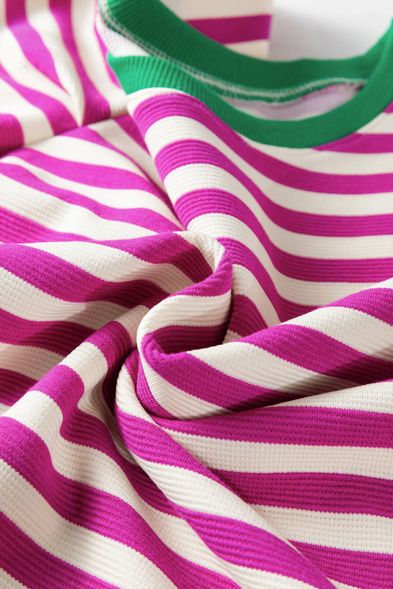 Load image into Gallery viewer, DLLS539 - Ladies Rose Stripe Short Puff Sleeve Contrast Trim Round Neck Tee
