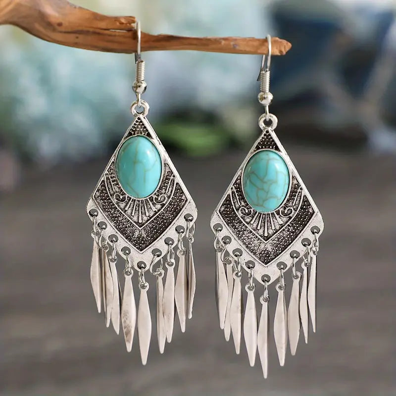 Load image into Gallery viewer, TMER4 - Turquoise Feather Dangle Earrings
