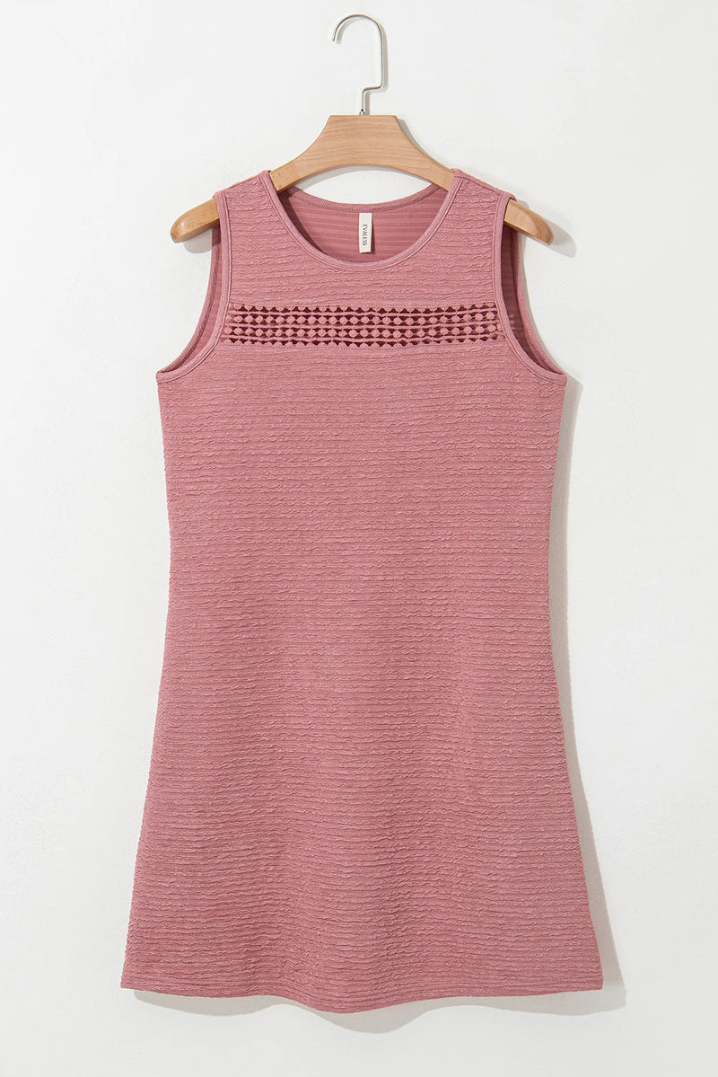 Load image into Gallery viewer, DLLS522 - Ladies Rose Solid Color Textured Lace Hollowed Detail Sleeveless Mini Dress
