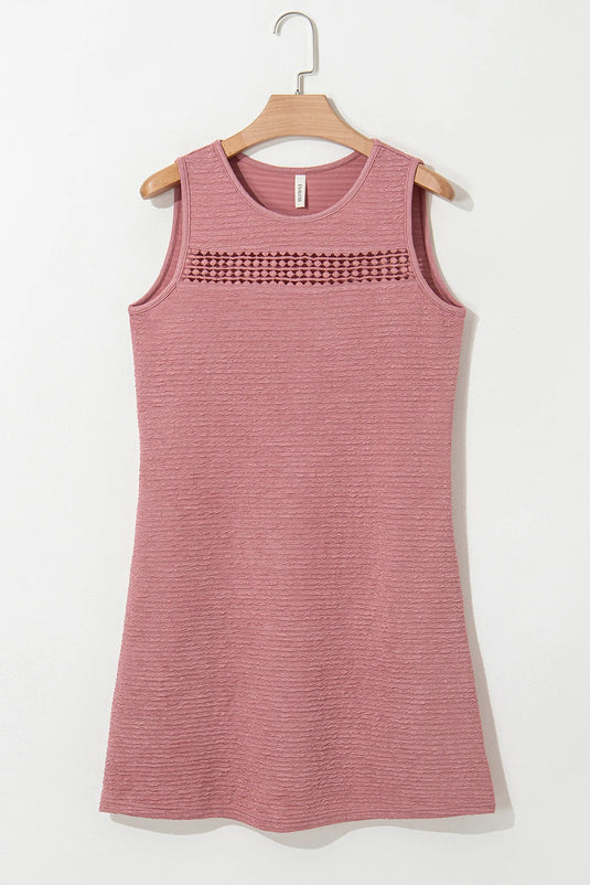 DLLS522 - Ladies Rose Solid Color Textured Lace Hollowed Detail Sleeveless Mini Dress