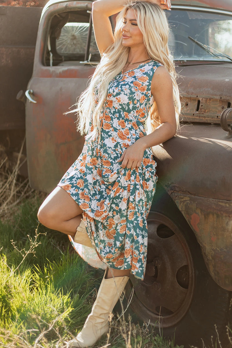 Load image into Gallery viewer, DLLS586 - Ladies Green Floral Print Trimmed V Neck Tie Waist Sleeveless Long Dress
