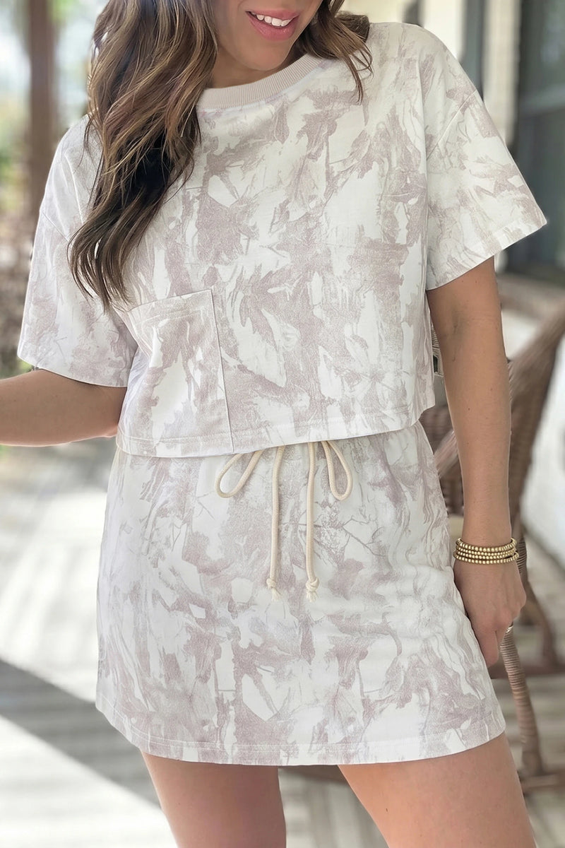 Load image into Gallery viewer, DLLS708 - Ladies Gray Woodland Camo Print Raw Edge Cropped Top Skirt Set
