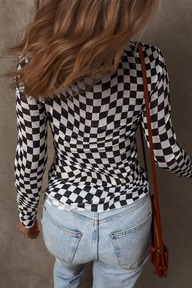 Load image into Gallery viewer, DLLS118 - Ladies Black Checkered Pattern Mesh Mock Neck Long Sleeve Top
