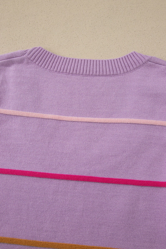 DLLS706 - Ladies Purple Stripe Round Neck Knitted Sweater Tank