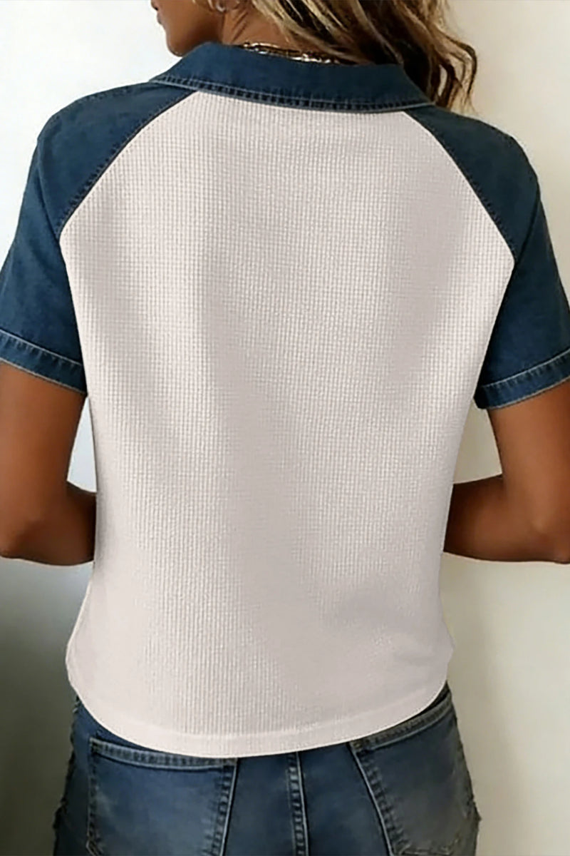 Load image into Gallery viewer, DLLS669 - Ladies Light Gray Textured Color Block Denim Patchwork Polo Collar Tee

