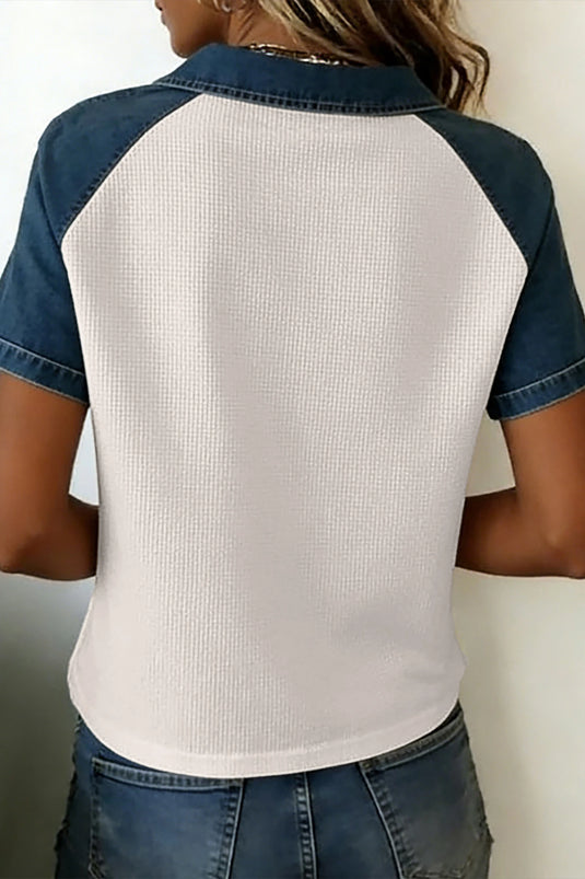 DLLS669 - Ladies Light Gray Textured Color Block Denim Patchwork Polo Collar Tee