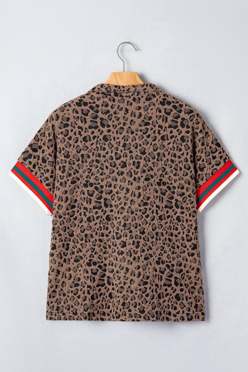 Load image into Gallery viewer, DLLS944 - Ladies Brown Leopard Jacquard Striped Patchwork Half Zip Short Sleeve Blouse
