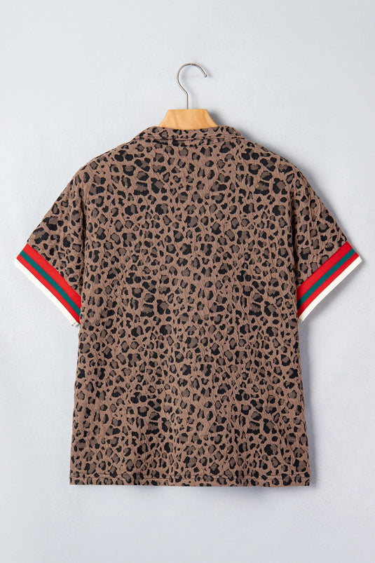 DLLS944 - Ladies Brown Leopard Jacquard Striped Patchwork Half Zip Short Sleeve Blouse