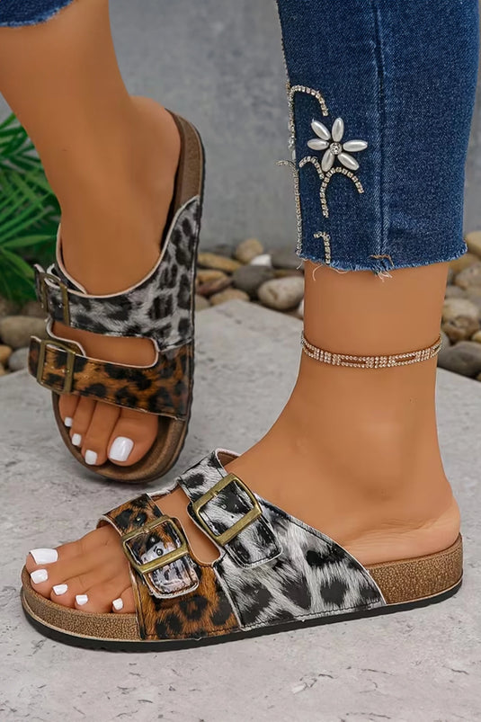 DLLSHOE 29 - Light Leopard Two-Tone Retro Buckle Straps Hollowed Faux Suede Slippers