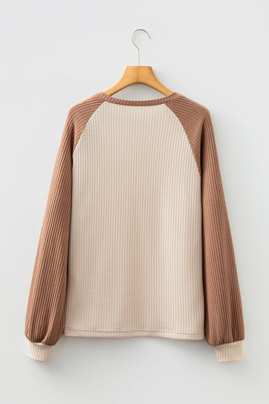 DLLS246 - Ladies Camel Waffle Color Block Raglan Sleeve Top