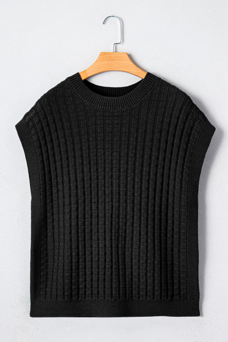 Load image into Gallery viewer, DLLS487 - Ladies Black Solid Color Round Neck Textured Short Sleeve Sweater
