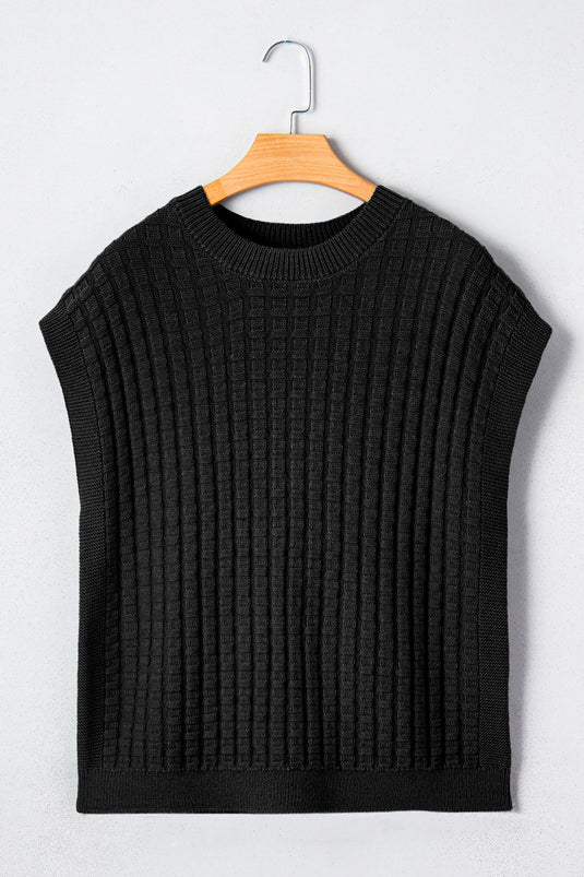 DLLS487 - Ladies Black Solid Color Round Neck Textured Short Sleeve Sweater