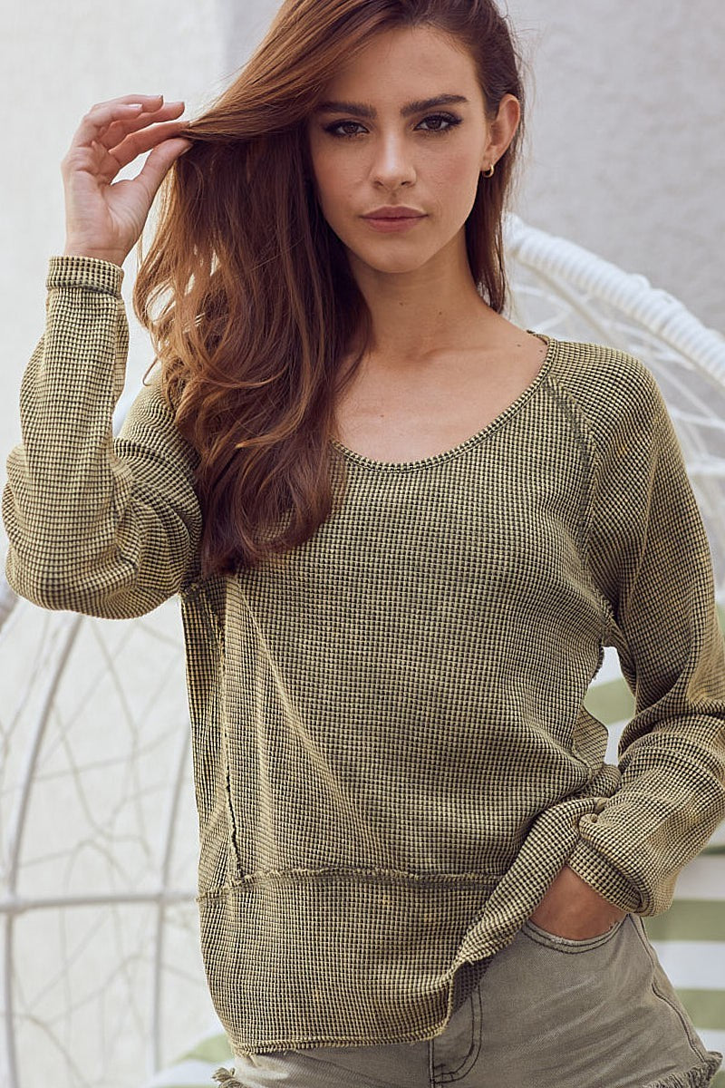 Load image into Gallery viewer, BIBI6- Ladies Washed Thermal Green Top
