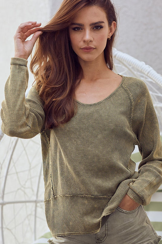 BIBI6- Ladies Washed Thermal Green Top