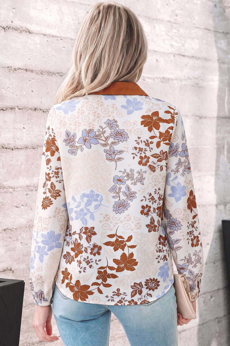 Load image into Gallery viewer, DLLS880 - Ladies White Floral Print Colorblock V Neck Long Sleeve Blouse
