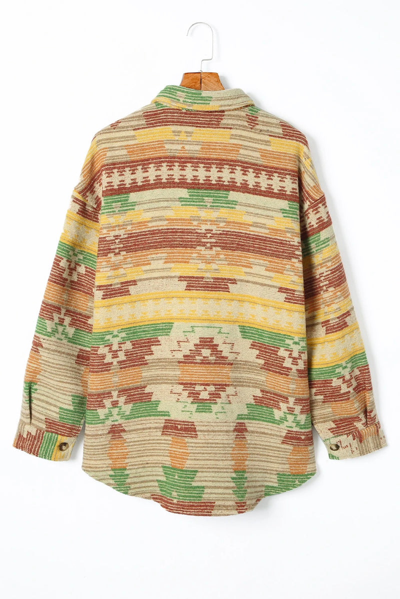 Load image into Gallery viewer, DLLS743 - Ladies Yellow Western Aztec Print Button Flap Pocket Shacket
