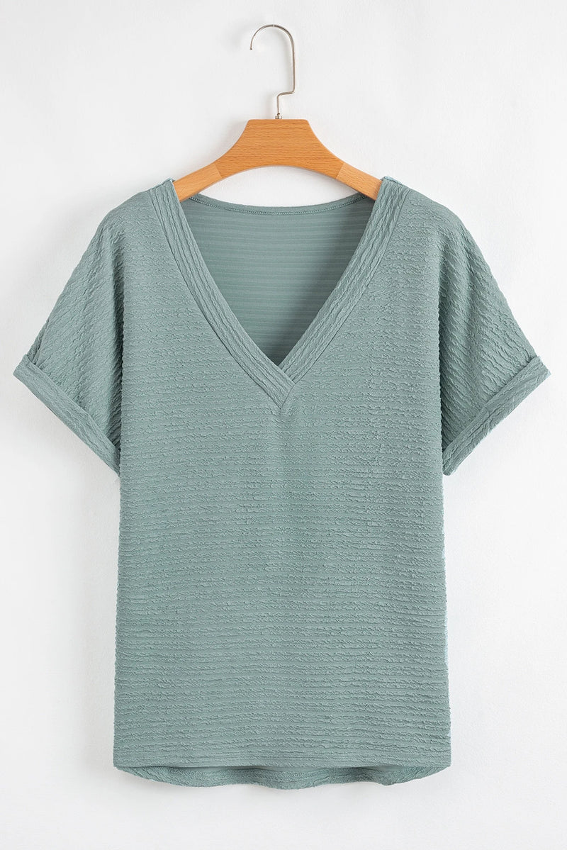 Load image into Gallery viewer, DLLS541 - Ladies Beau Blue Textured Wide Sleeve V Neck T Shirt
