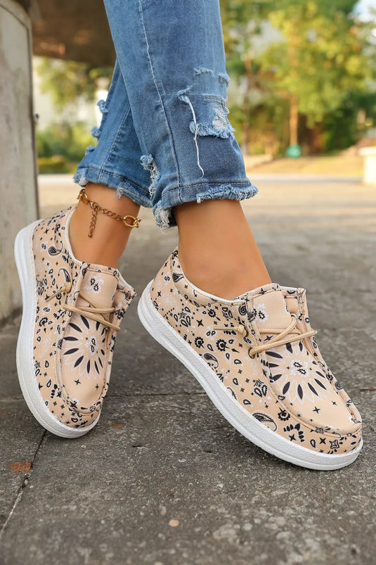 DLLSHOE 164 - Khaki Boho Floral Print Lace-up Detail Canvas Flat Shoes