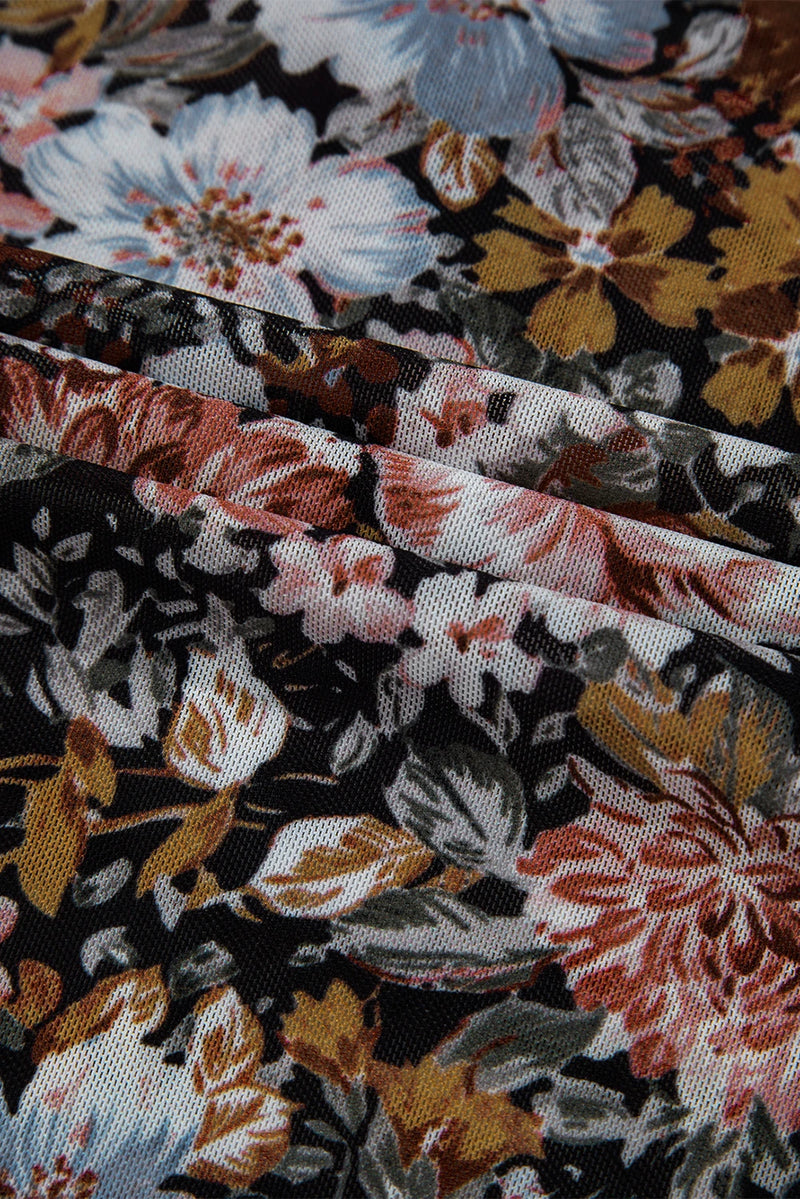 Load image into Gallery viewer, DLLS122 - Ladies Brown Floral Long Sleeve High Neck Sheath Mesh Blouse
