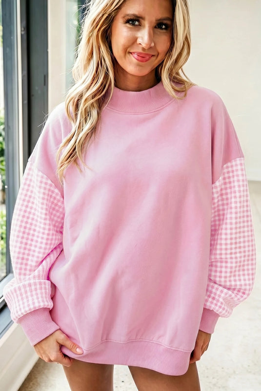 DLLS1010 - Ladies Pink Plaid Sleeve Colorblock Loose Tunic Sweatshirt