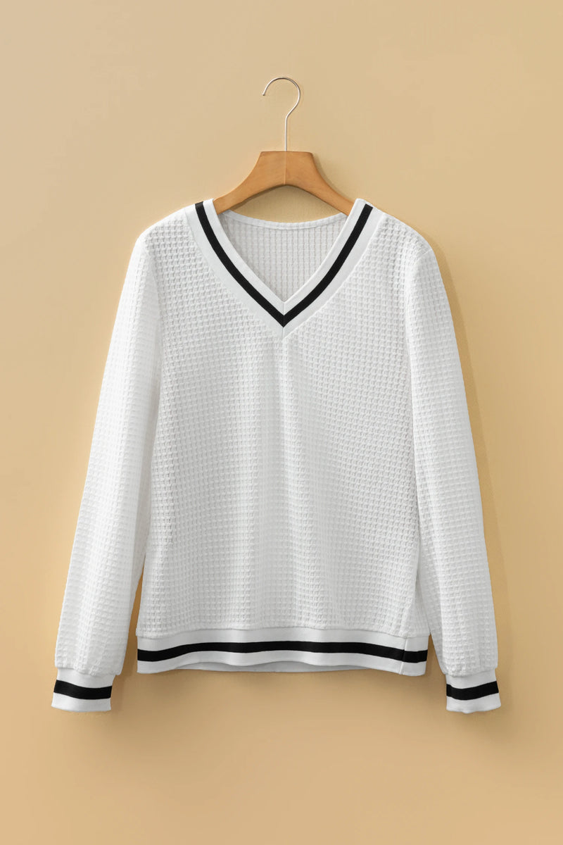 Load image into Gallery viewer, DLLS331 - Ladies White Textured Knit Preppy Striped Trim V Neck Pullover Waffle Top
