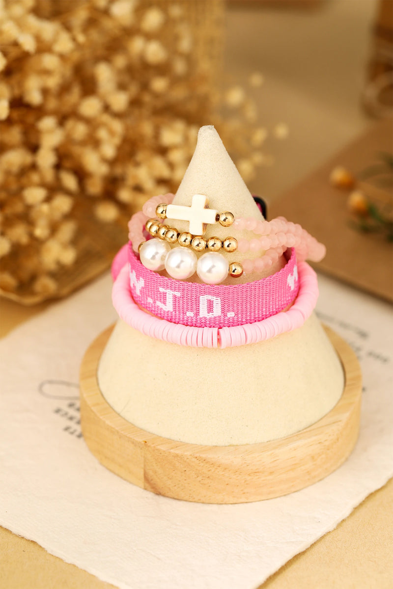 Load image into Gallery viewer, DLLBC 25 - Pink WWJD Faith Prompt Mix Beading 5pcs Bracelet Set
