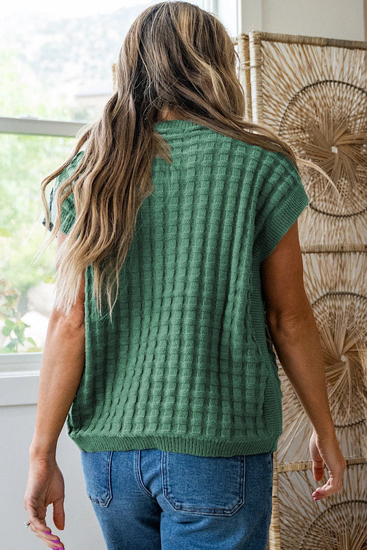 DLLS511 - Ladies Mist Green Solid Color Round Neck Textured Short Sleeve Sweater