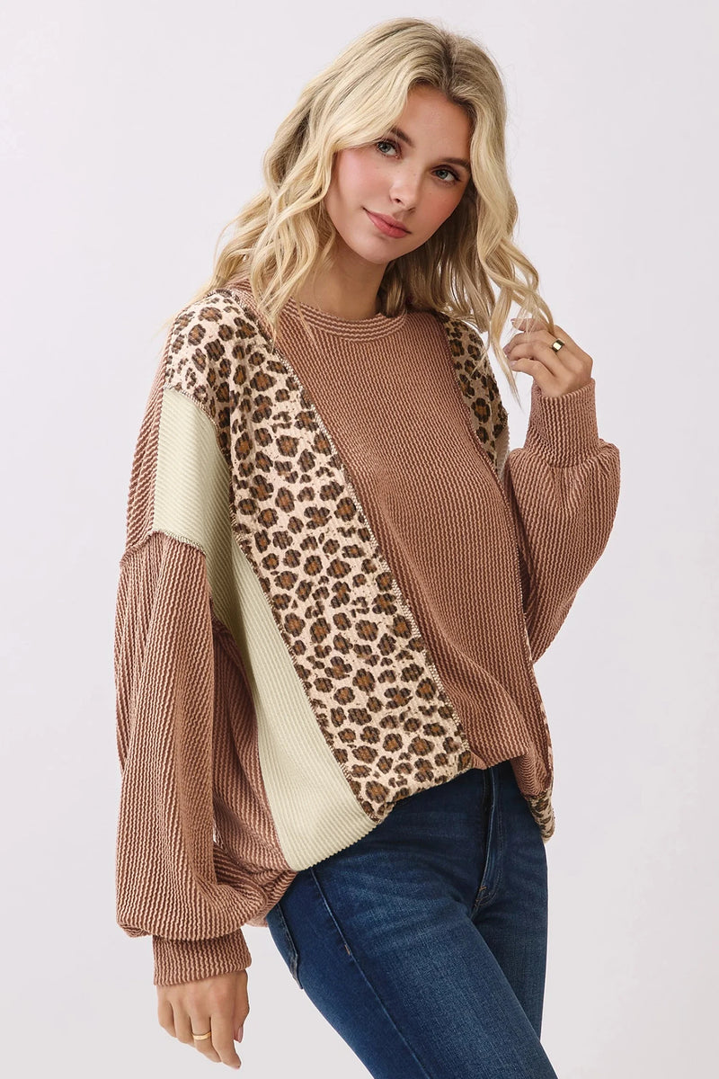 Load image into Gallery viewer, DLLS878 - Ladies DUNE Leopard Print Colorblock Ribbed Knit Blouse
