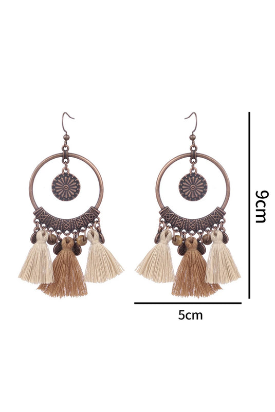 DLLER 9 - Beige Boho Round Tasseled Dangle Earrings