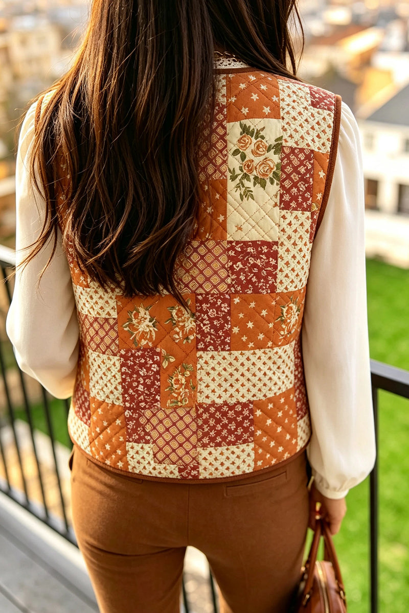 Load image into Gallery viewer, DLLS1055 - Ladies Fleece Quilted Floral Patchwork Contrast Trim V Neck Button Vest

