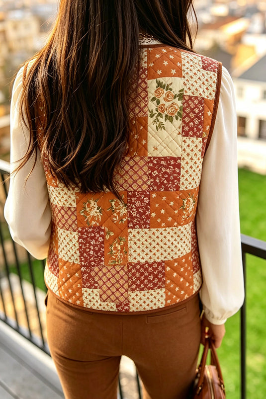 DLLS1055 - Ladies Fleece Quilted Floral Patchwork Contrast Trim V Neck Button Vest
