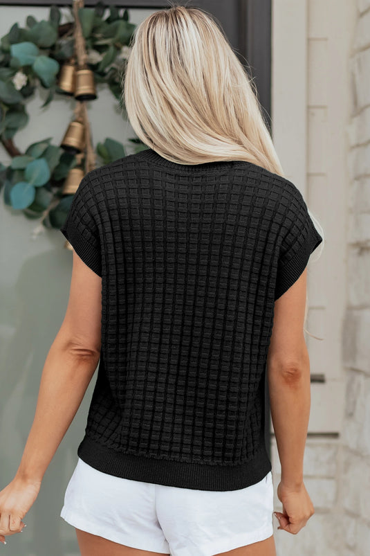 DLLS487 - Ladies Black Solid Color Round Neck Textured Short Sleeve Sweater