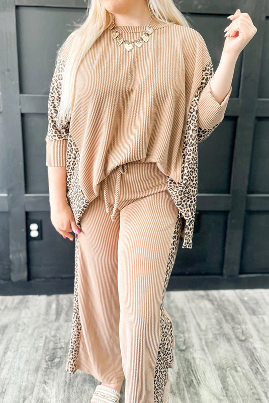 DLLS970 - Ladies Leopard Print Twisted Ribbed Long Sleeve Top Loose Pant Set