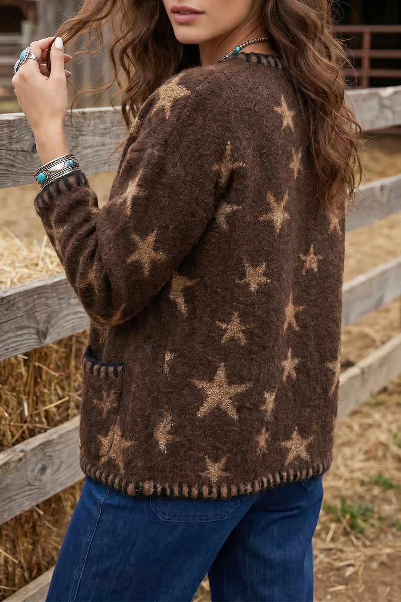 Load image into Gallery viewer, DLLS724 - Ladies Brown Stars Pattern Colorblock Long Sleeve Shift Cardigan
