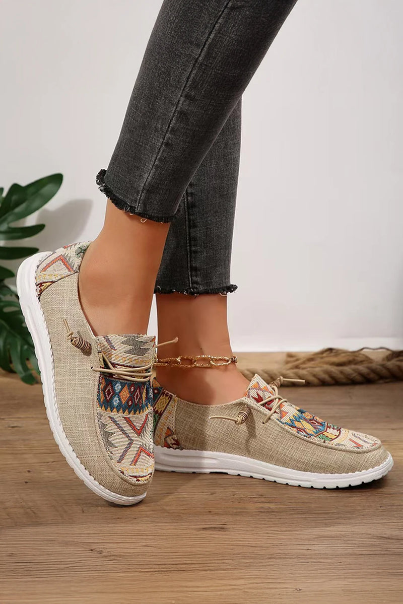 Load image into Gallery viewer, DLLSHOE 44 - Beige Geometric Lace-Up Decor Slip On Shoes
