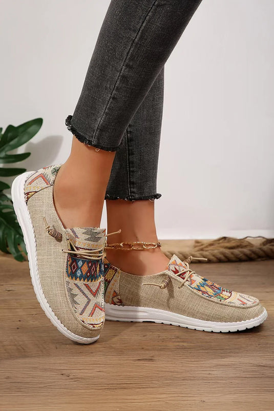 DLLSHOE 44 - Beige Geometric Lace-Up Decor Slip On Shoes