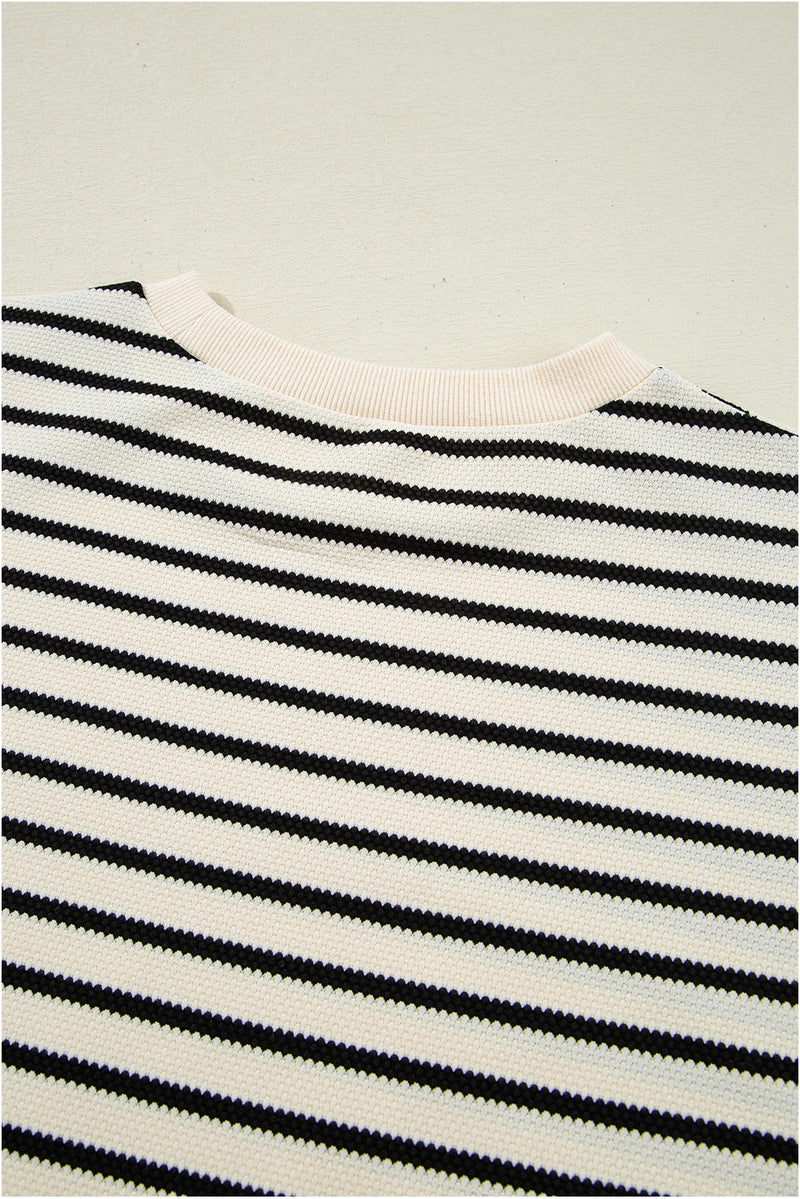Load image into Gallery viewer, DLLS430 - Ladies Black Stripe Scallop Lace Trim Ruffle Short Sleeves Crewneck Top
