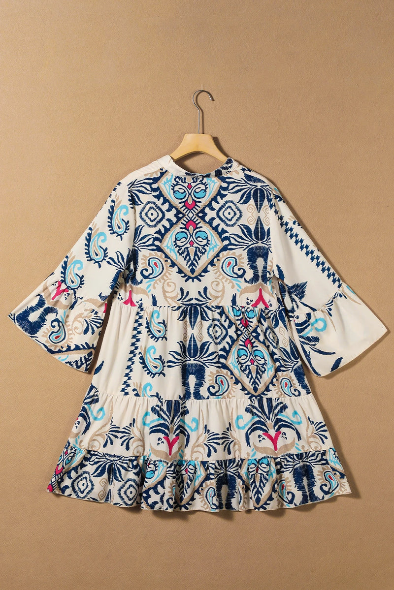 Load image into Gallery viewer, DLLS447 - Ladies White Printed Tribal Bracelet Sleeve Buttoned Mini Dress
