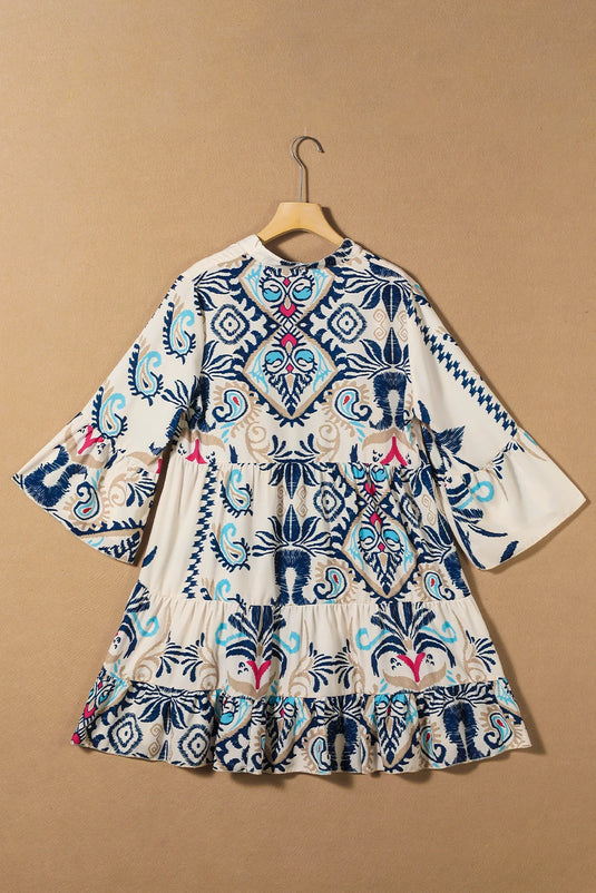 DLLS447 - Ladies White Printed Tribal Bracelet Sleeve Buttoned Mini Dress