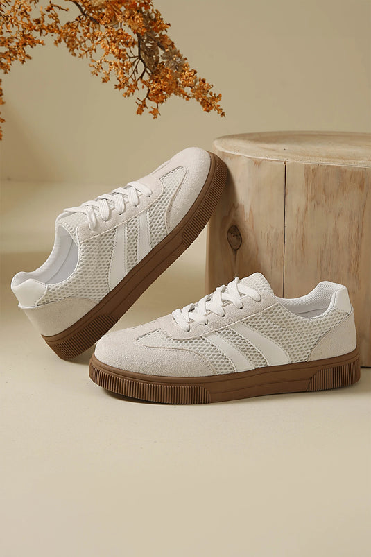 DLLSHOE 92 - White Breathable Mesh Patchwork Lace Up Flat Shoes