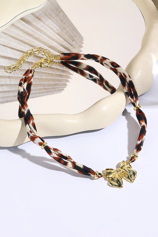 DLLNK 7 - Gold Plated Bow Charm Leopard Ribbon Necklace