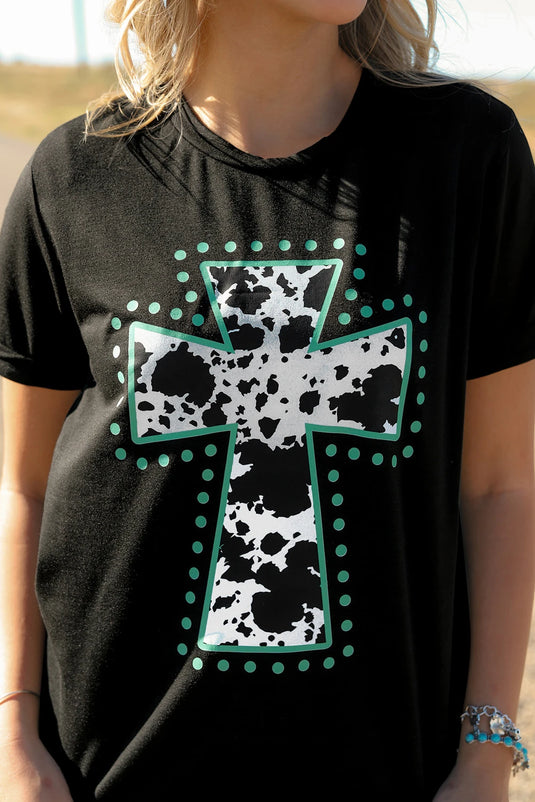 DLLS746 - Ladies Black Animal Print Cross Graphic Tee