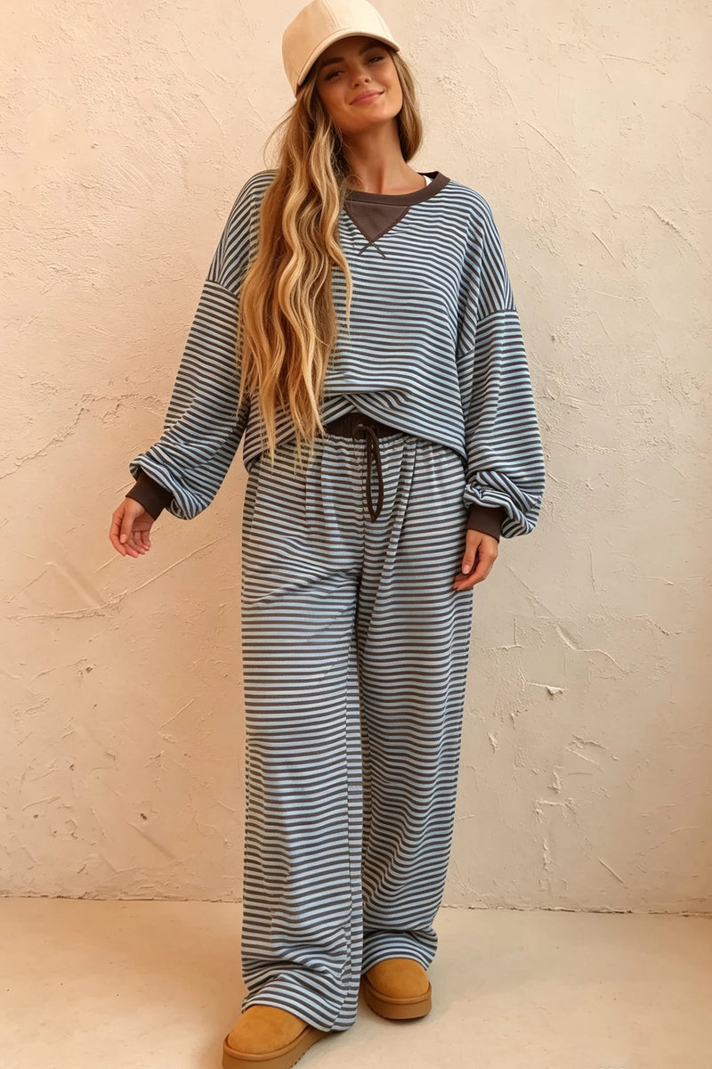 Load image into Gallery viewer, DLLS1053 - Ladies Brown Stripe Drop Shoulder Loose Top and Pants Two Piece Set
