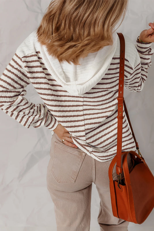 DLLS207 - Ladies Khaki Stripe Textured Hooded V Neck Casual Long Sleeve Top