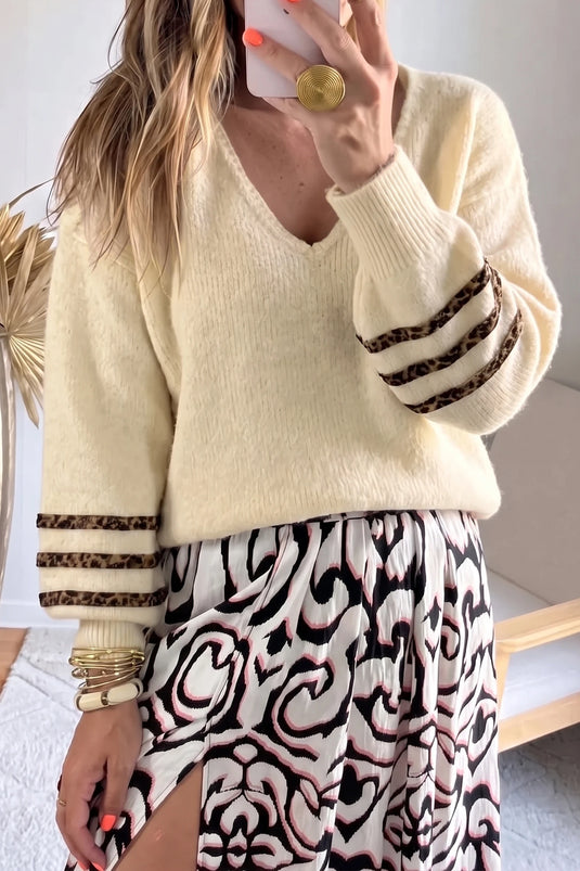 DLLS1089 - Ladies Beige V Neck Leopard Striped Detail Long Sleeve Casual Sweater