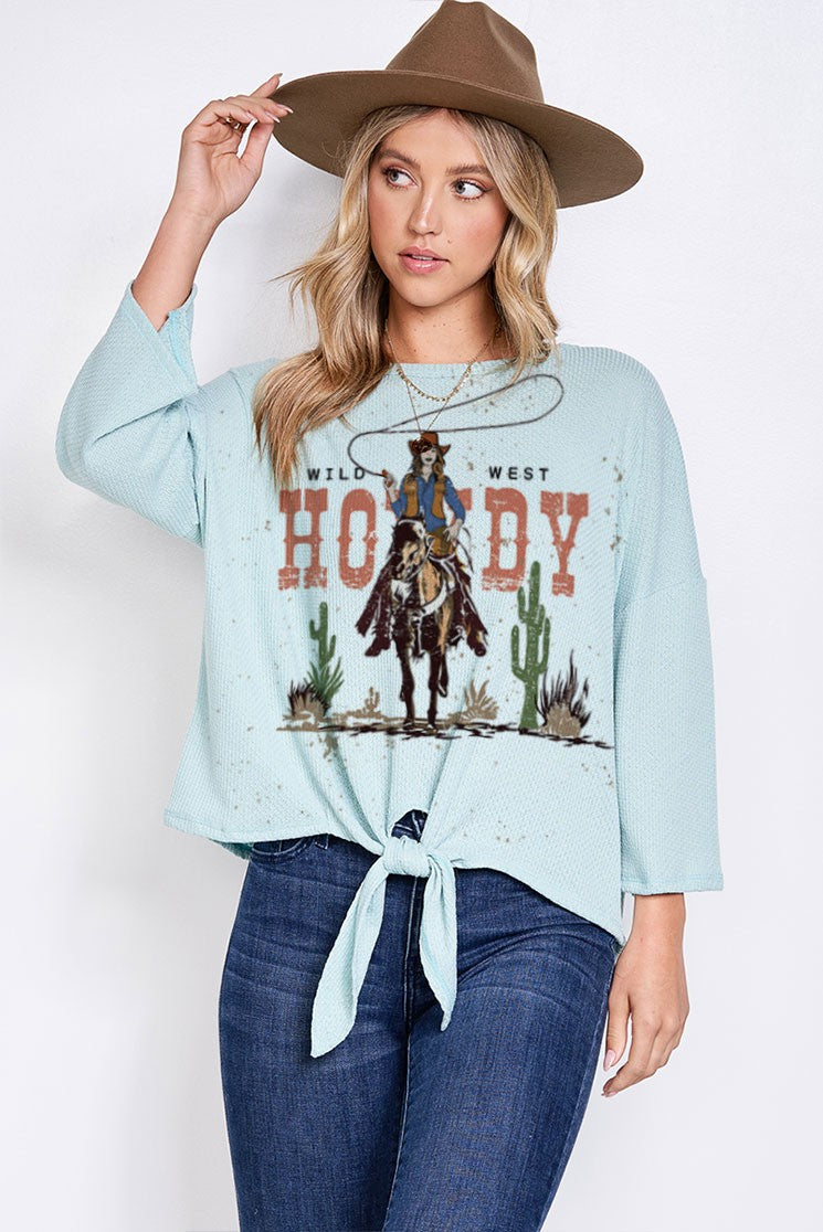 Load image into Gallery viewer, PL5 - Ladies Howdy Western Print Tie Front Top

