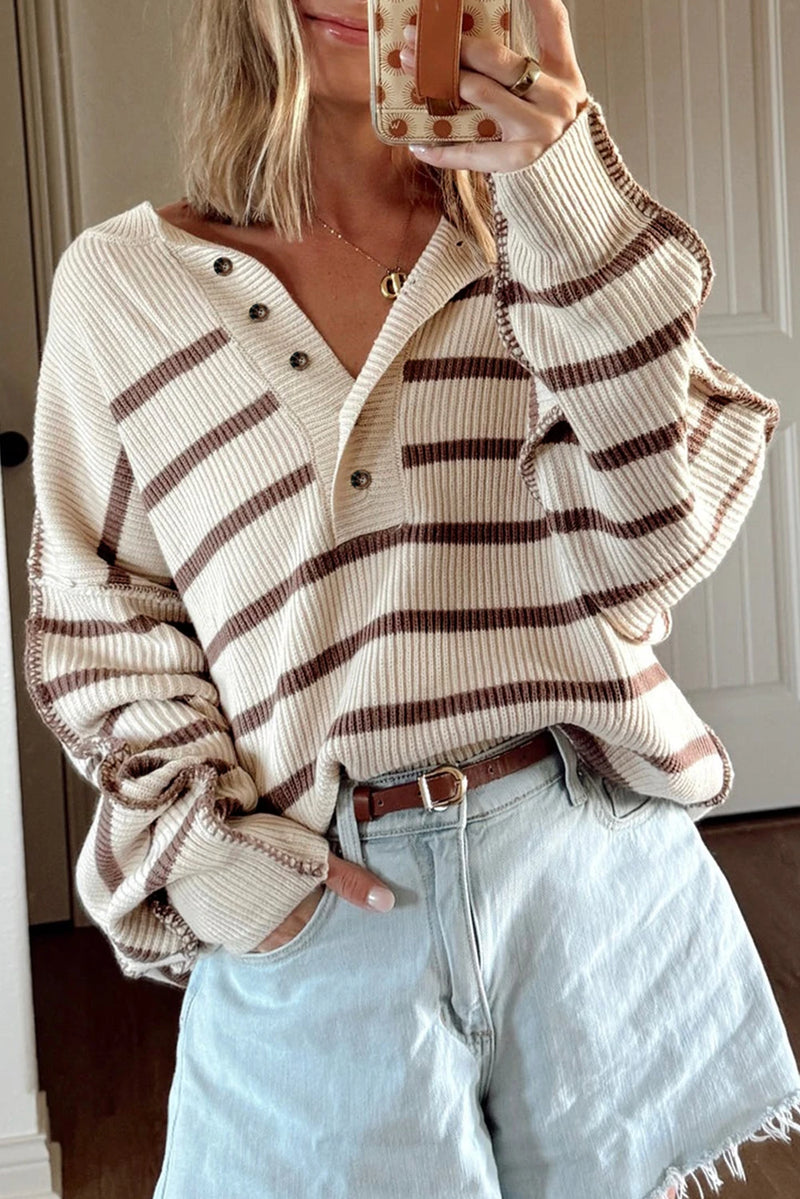 Load image into Gallery viewer, DLLS294 - Ladies Brown Stripe Ribbed Henley Drop Shoulder Slouchy Sweater
