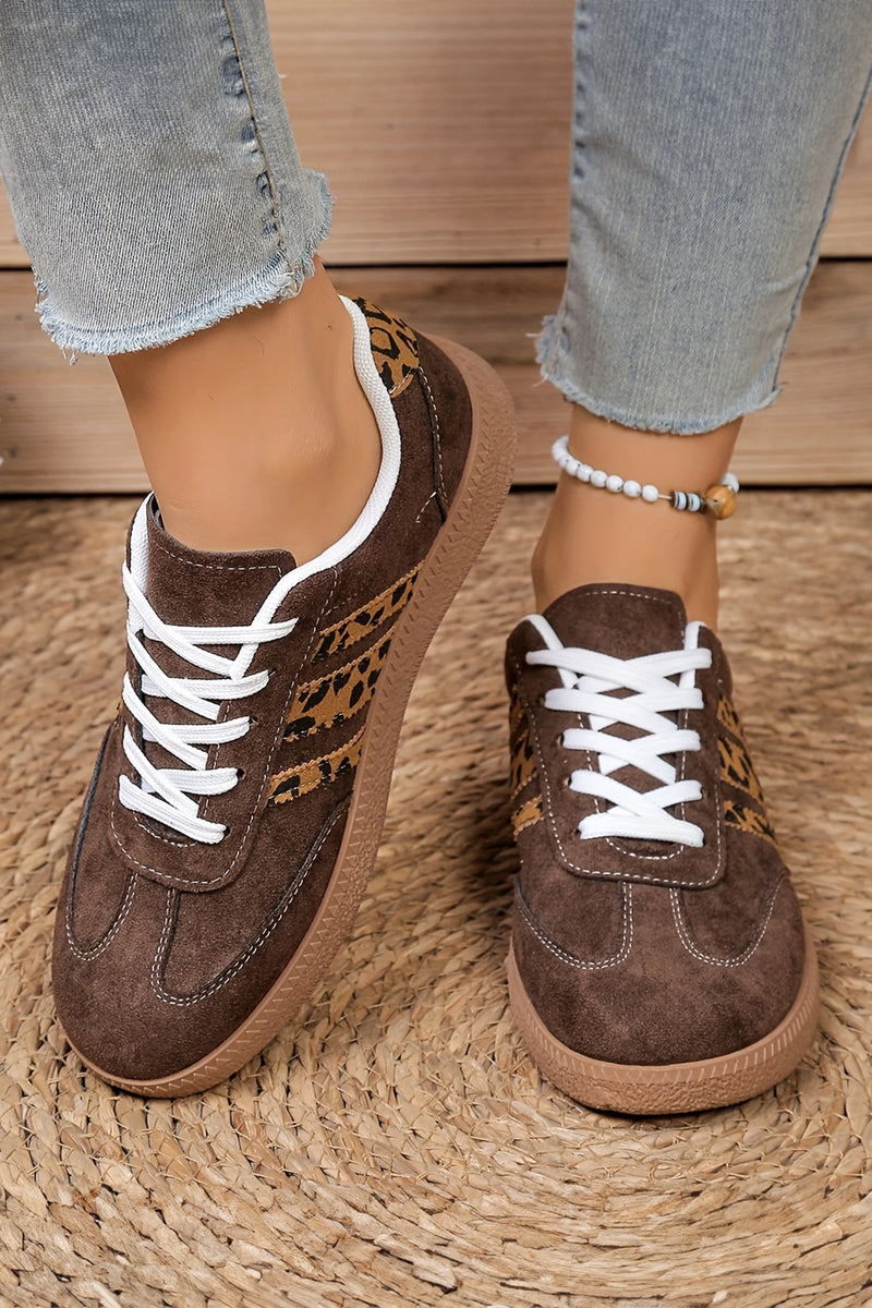 Load image into Gallery viewer, DLLSHOE 14 - Coffee Contrast Lace-up Leopard Patchwork Detail Faux Suede Shoes
