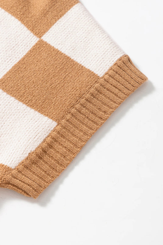 DLLS504 - Ladies Light Beige Colorblock Plaid Ribbed Trim Sweater Tank Top